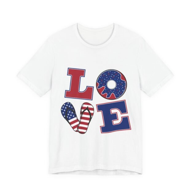 Patriotic LOVE Tee — American Flag Donut & Flip-Flop Graphic